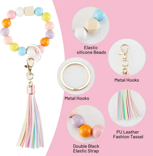 Vista 3 de keychain wristlet Silicone Key Ring Bracelet Car Keys Holder Women Beaded Bangle Chains with Leather Tassel