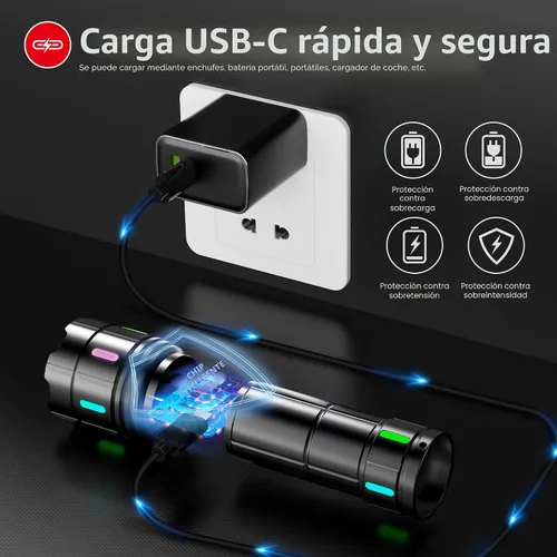 Vista 6 de Linterna 20000 Lúmenes Altos Recargable - Luz LED Flash Súper Brillante de 30W con Pantalla LCD Haz de 3937ft y 12H de Larga Duración USB C
