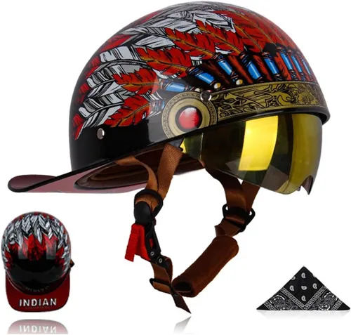 Vista 7 de Medio casco para motocicleta, gorra de béisbol retro, medios cascos con lente desplegable para adultos de calle, para hombres y mujeres