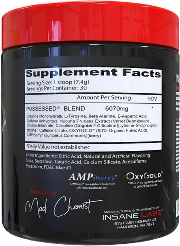 Vista 2 de Insane Labz Poseído bajo estimulante de testosterona potenciador antes del entrenamiento, cargado con ácido aspártico D y creatina alimentado por