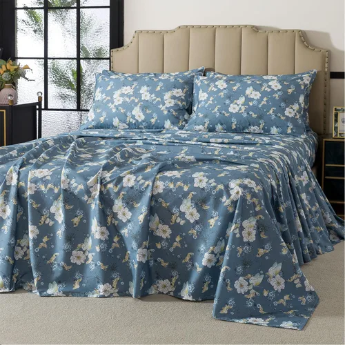 Vista 32 de FADFAY Juego de sábanas tamaño King, sábanas de algodón percal rosa floral con bolsillo profundo, ropa de cama vintage lujosa azul con estampado