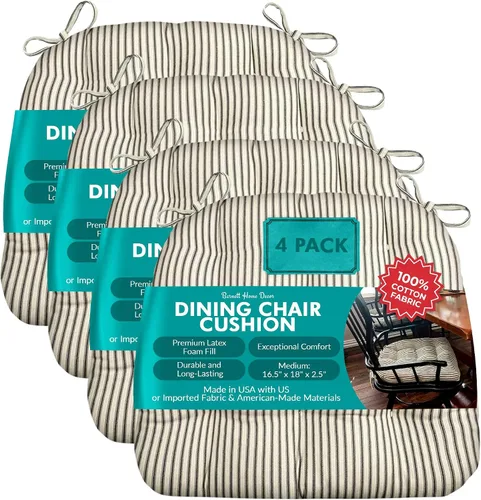 Vista 158 de Barnett Home Decor Ticking Stripe Berlin Blue - Almohadilla para silla de comedor con lazos, tamaño mediano 18, relleno de espuma de látex, lavable