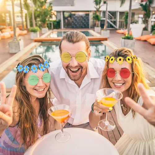 Vista 26 de ONESING 8-20 pares de gafas de sol redondas hippie círculo para mujer, gafas de sol hippie multicolor diadema discoteca fiesta