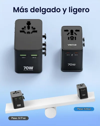 Vista 3 de VINTAR Adaptador de viaje universal de 70W GaN, adaptador de corriente 70W negro