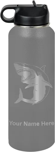 Vista 35 de LaserGram Botella de agua personalizada, gran tiburón blanco, acero inoxidable de doble pared aislada al vacío con popote superior, regalo grabado