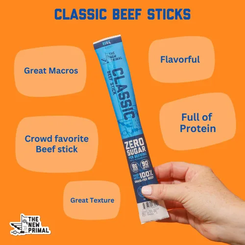 Vista 5 de The New Primal Palito de carne de res clásico, aprobado por Whole30, Paleo, Keto, básico de despensa, certificado sin gluten, bajo en carbohidratos