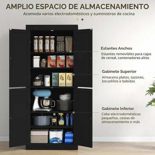 Vista 4 de HOMCOM Gabinete alto de la despensa de cocina de 72,5" grano de madera Fibras de madera negra