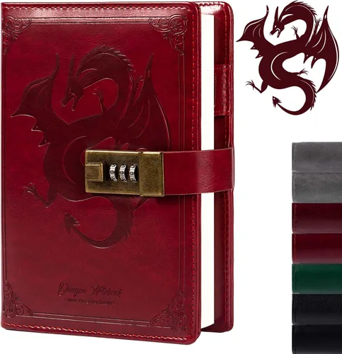 Vista 11 de TIEFOSSI Diario de Cuero Dragón, Cuaderno de Tapa Dura, Diario Recargable con Cerradura, Cuadernos de Escritura con Papel Rayado/En Blanco
