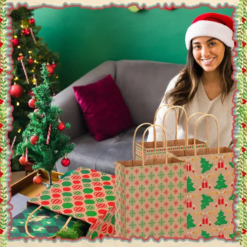 Vista 7 de Fulmoon Juego de 48 bolsas de regalo de papel kraft de Navidad a granel, bolsas de regalo de papel surtido con asa, vacaciones para regalos
