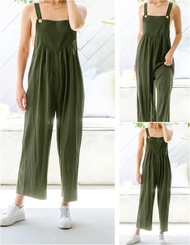Vista 4 de Flygo Overol holgado casual para mujer, overol plisado de pierna ancha con pechera