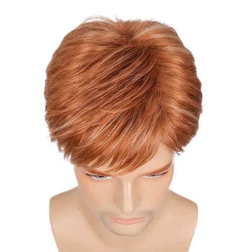 Vista 5 de Baruisi Peluca corta para hombre, color marrón claro, repuesto de cabello sintético, Cospaly Halloween