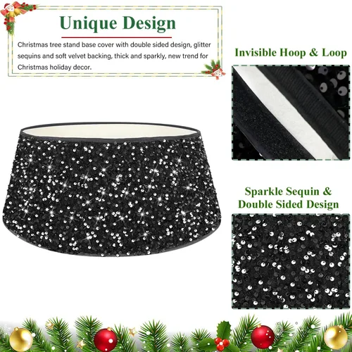 Vista 4 de FUHSY Collar Negro de Árbol de Navidad de 24 Pulgadas, Falda de Árbol de Navidad con Lentejuelas, Terciopelo Metálico, Falda de Árbol de Halloween