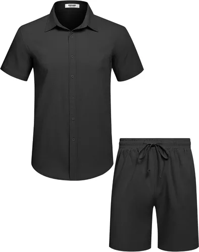 Vista 16 de COOFANDY Conjunto de 2 piezas de algodón y lino para hombre, camisas de manga corta con botones, pantalones cortos de playa de verano, trajes