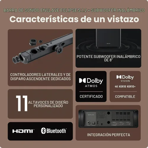 Vista 3 de Enclave Eclipse 5.1.2 Dolby Atmos Barra de sonido con subwoofer inalámbrico de 8 pulgadas, incluye 11 controladores personalizados y subwoofer de 8