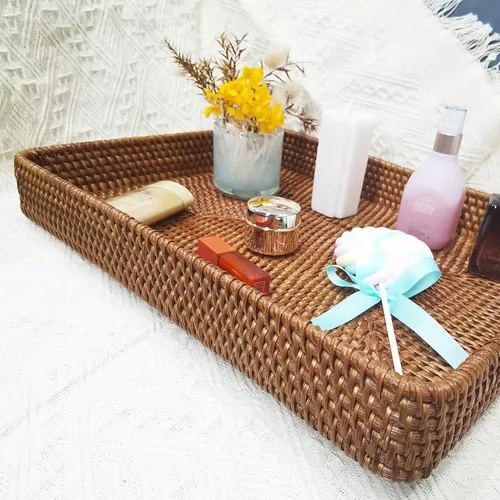 Vista 5 de i-lan Mesa de café rectangular de ratán otomano de 17 pulgadas sin asas, bandeja rectangular de mimbre natural con pared de 2.4 pulgadas