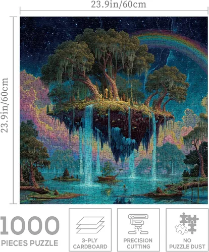 Vista 3 de Rompecabezas de isla flotante de bosque de fantasía de 1000 piezas para adultos, rompecabezas mágico de cascada de arco iris, rompecabezas de arte
