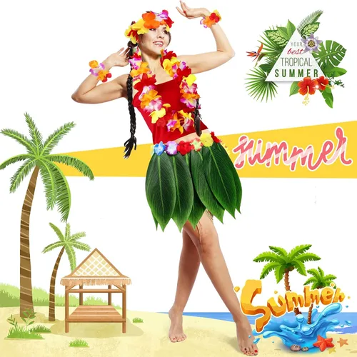Vista 3 de 6 piezas de disfraz hawaiano para mujer, incluye falda hula, top hawaiano, flor hawaiana, collar y pulsera para Halloween, mujer, cosplay