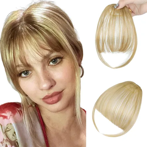 Vista 13 de Flequillo con clip, flequillo falso fácil de usar, flequillo de clip en flequillo, extensiones de cabello rubio francés, flequillo sintético