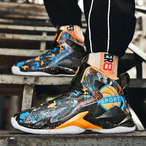 Vista 4 de MAUGELY Zapatillas de deporte de baloncesto para hombre, caña alta, para jóvenes, estudiantes, deportes, ocio, graffiti, zapatillas para correr