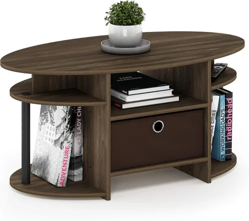 Vista 12 de Furinno Jaya Mesa de Centro Ovalada de Diseño Simple con Contenedor para Sala de Estar, Americano/Cromo/Negro