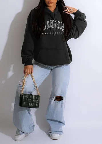 Vista 3 de HBQ Sudadera casual con capucha para mujer, cuello redondo, ligera, de manga larga, con bolsillos