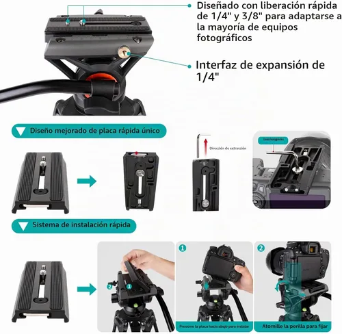 Vista 3 de COMAN KX3636 - Kit de trípode resistente con cabezal fluido de video + trípode universal para fotografía Dolly