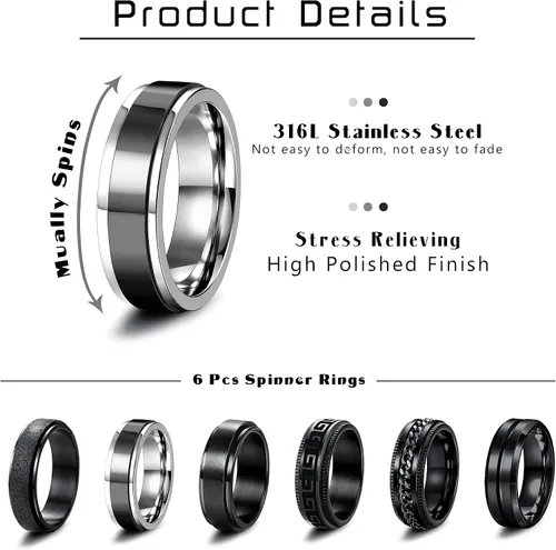Vista 2 de THUNARAZ Anillo de titanio de acero inoxidable para la ansiedad para mujeres y hombres, anillos giratorios negros para la ansiedad, juego de anillos