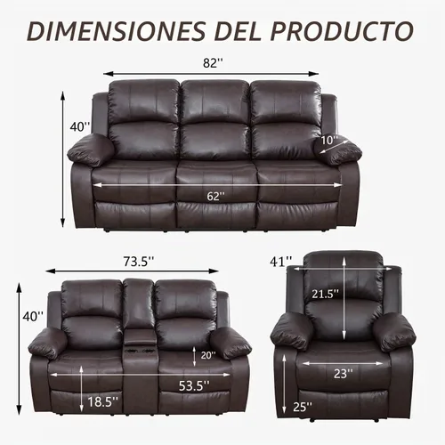 Vista 3 de Juego de muebles de cuero regenerado para sala de estar, juego de sofá reclinable, juego de muebles de dos plazas en sala de estar, sofá reclinable
