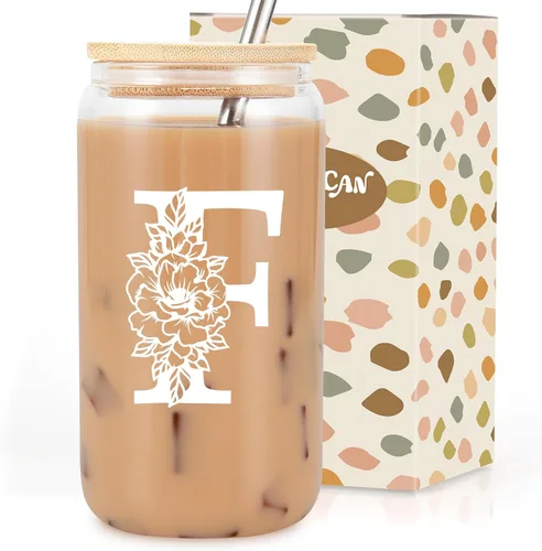 Vista 16 de Taza de Vidrio Inicial Coolife, Regalos Personalizados para Mujeres, Tazas de Vidrio de 16 oz con Tapas y Popotes, Taza para Café Helado, Licuado