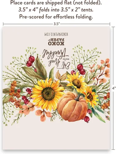 Vista 5 de Koko Paper Co Tarjetas de lugar de Acción de Gracias con calabaza y girasoles (50 unidades) 50 tarjetas de nombre estilo tienda de campaña