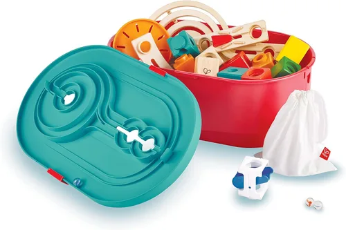 Vista 3 de Hape Juego de 90 piezas de cuadrilla apilable, caja de cubo de mármol para niños de 4 años en adelante con 25 canicas para aprendizaje de vapor