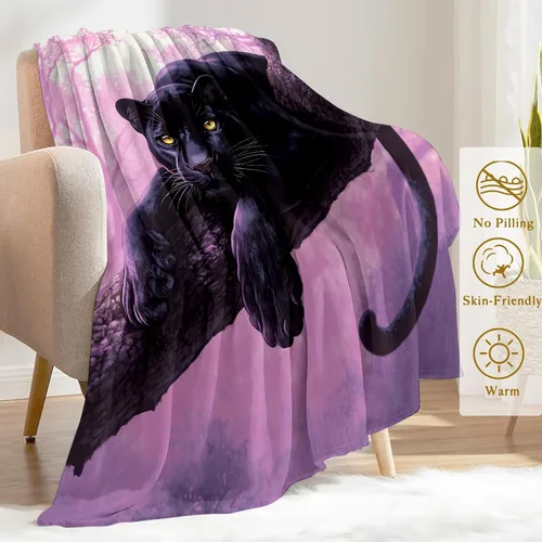 Vista 3 de Manta de Felpa de Pantera Negra - Regalo Ligero Suave y Acogedor para Amantes de Animales, Niños, Mujeres, Niñas, Mantas Púrpuras Majestuosas