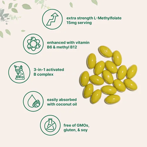 Vista 3 de Micro Ingredients L Metilfolato 15 mg, 240 cápsulas blandas Activo 5-MTHF con B6 y metilo B12 Vitamina B9 metilada con aceite de coco