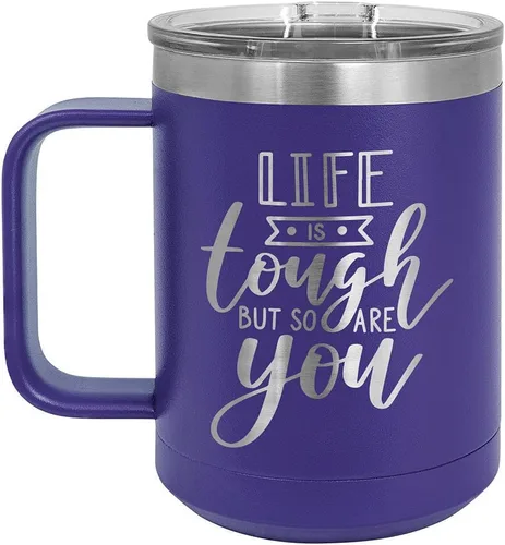 Vista 13 de LIFE IS TOUGH BUT SO ARE YOU Negro Taza de café de 15 oz con tapa deslizante Taza de café de viaje aislada Ideas de regalos de cumpleaños