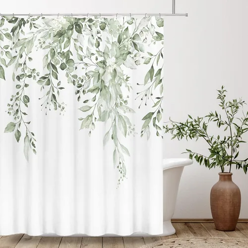 Vista 64 de Tititex - Juego de cortinas de ducha de eucalipto negro, hojas de acuarela gris en la parte superior, con decoración floral de baño, 60 x 72