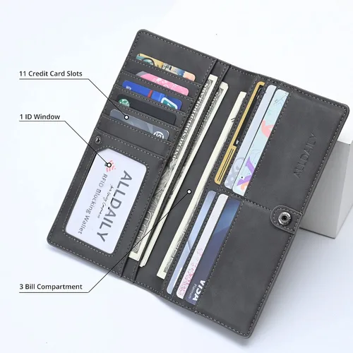 Vista 3 de Alldaily Billetera de cuero ultrafina para mujer con bloqueo RFID tarjetero de crédito plegable larga gris