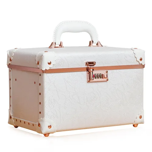 Vista 13 de urecity Estuche de maquillaje vintage de piel artificial, organizador profesional de cosméticos con cerradura de combinación de metal, caja