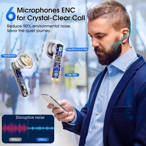Vista 2 de Auriculares inalámbricos Bluetooth de 5.4 pulgadas, 6 micrófonos, cancelación de ruido, llamadas claras, graves profundos, sonido estéreo de alta