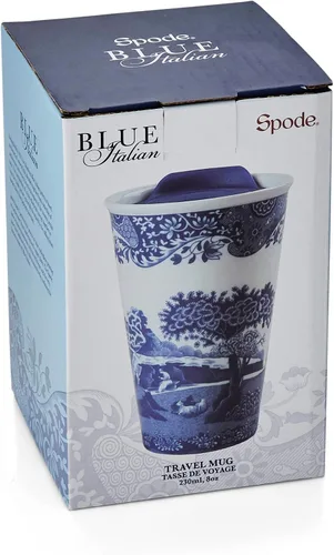 Vista 9 de Spode Taza de viaje de porcelana italiana azul de 8 onzas con tapa – Vaso con estampado escénico con borde decorativo – Taza de café de cerámica