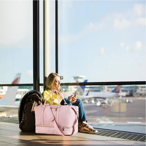 Vista 7 de Bolsa de viaje de cuero con bolsa para zapatos, bolsa de fin de semana, impermeable, de piel sintética, grande, bolsa de viaje para hombres o mujeres