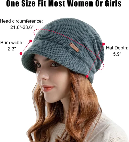 Vista 5 de KMOLY Gorro de punto para mujer con visera para invierno, con forro polar, gorro de nieve con calavera