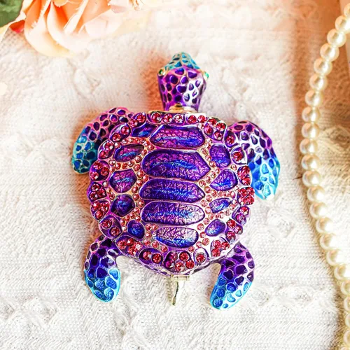Vista 5 de YU FENG Caja de joyería de figura de tortuga marina con bisagras coleccionables de cristal con bisutería decorativa de tortuga de animales (morado)