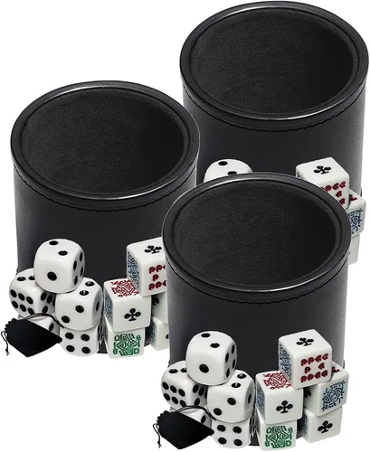 Vista 8 de Cyber-Deals Juego de dados de cuero sintético negro con forro de fieltro negro con póker blanco (Clubs Ace) y dados de pip en bolsa