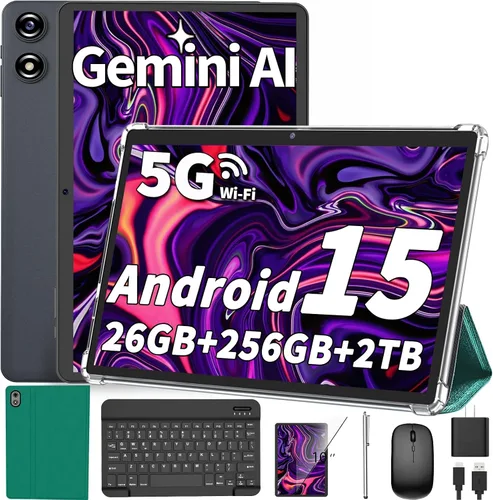 Vista 11 de Tablet Android de 10 pulgadas, tableta Android 16 2026 con teclado, 26 GB+256 GB (expansión de 2 TB), tableta Gemini AI con 8 núcleos, 8000 mAh Negro