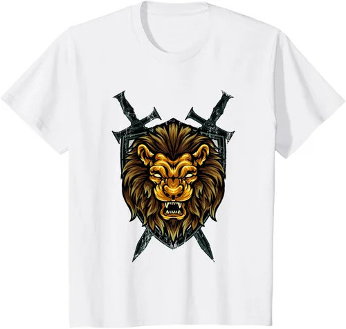 Vista 65 de Camiseta con diseño de caballero medieval renacentista, con diseño de espada de león, Negro, S
