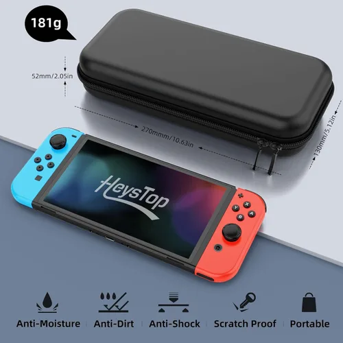 Vista 2 de Heystop - Funda de transporte para Nintendo Switch con protector de pantalla 9 en 1 kit de accesorios para Nintendo Switch y 6 unidades de agarre