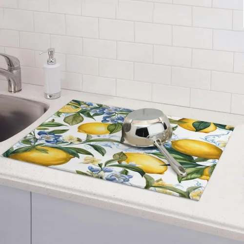 Vista 3 de Tapete de secado de platos de limón para encimera de cocina, protector y decoración súper absorbente de doble cara de microfibra para barra de café