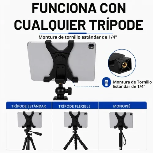 Vista 6 de Acuvar Soporte universal de trípode para tableta, adaptador de soporte ajustable para iPad, Samsung Galaxy Tab y Surface, se adapta a tabletas de 8
