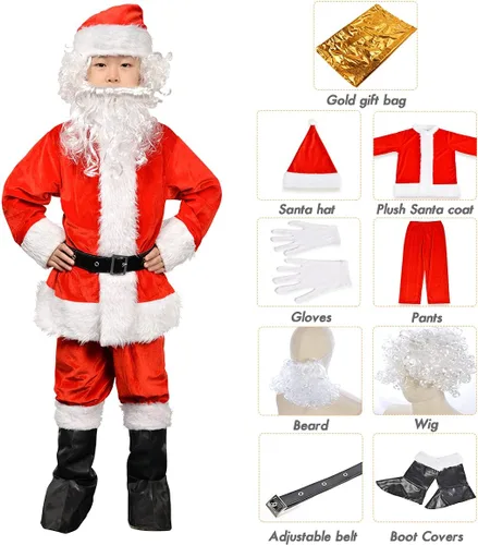 Vista 2 de Disfraz de Papá Noel para niños, disfraz de Papá Noel para niños, traje de Navidad para niños, 9 piezas, traje de Navidad para niños