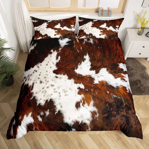 Vista 14 de Funda de edredón con estampado de vaca marrón para niñas y niños, funda de edredón de piel de vaca de las tierras altas, juego de ropa de cama